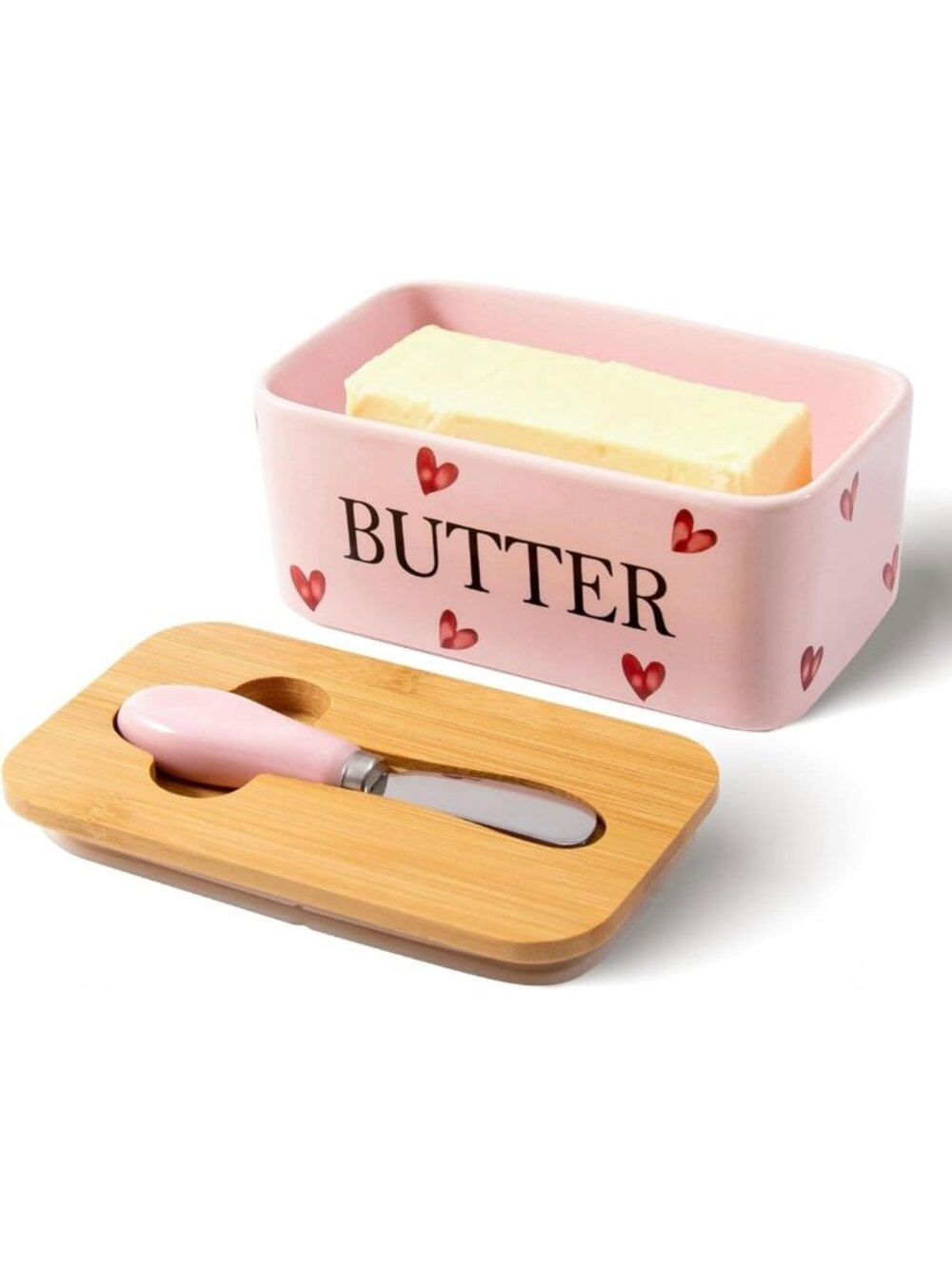 Charming Pink Ceramic Butter Dish with Bamboo Lid & Knife - Cute Heart Design